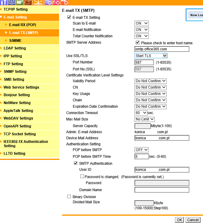 Konica-Minolta C220 SMTP-Abschnittskonfiguration