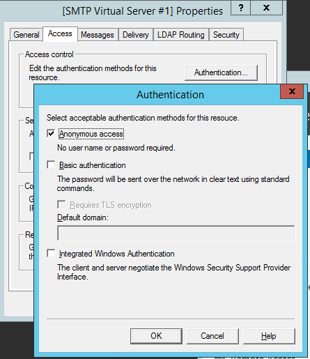 Auswahl der SMTP-Serverauthentifizierungsoption – anonym