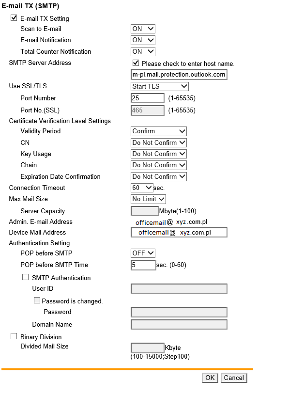 Konfigurieren des SMTP-Servers auf dem Konica-Minolta Bizhub C-220