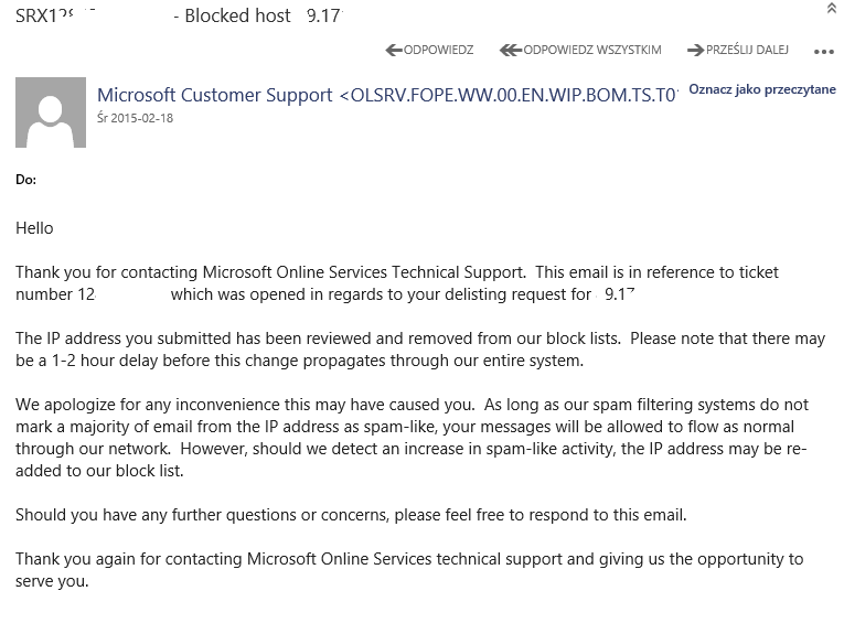 Antwort von Microsoft zur Entsperrung von IP-Adressen